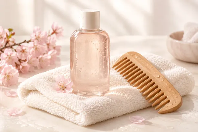 A cream towel, wooden comb and unlabelled hair-care bottle
