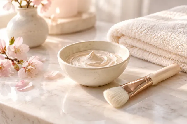 A ceramic skin-care bowl, soft brush and folded towel