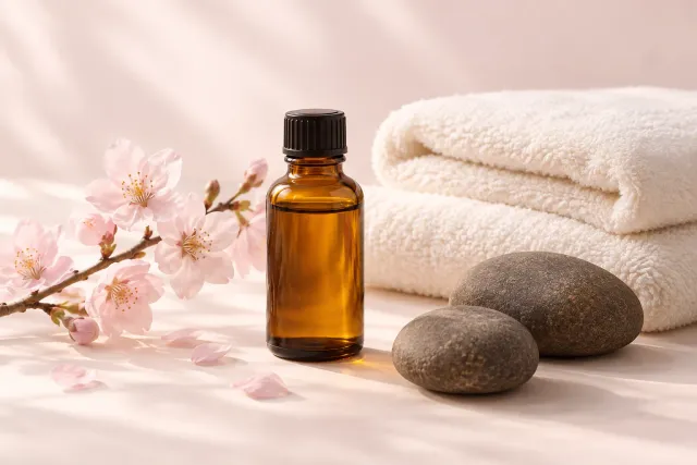 Massage oil and warm towels on a cream surface